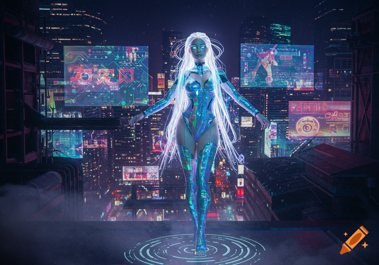 A glowing, ethereal female android with long white hair and a iridescent bodysuit floats above a futuristic cyberpunk city at night.