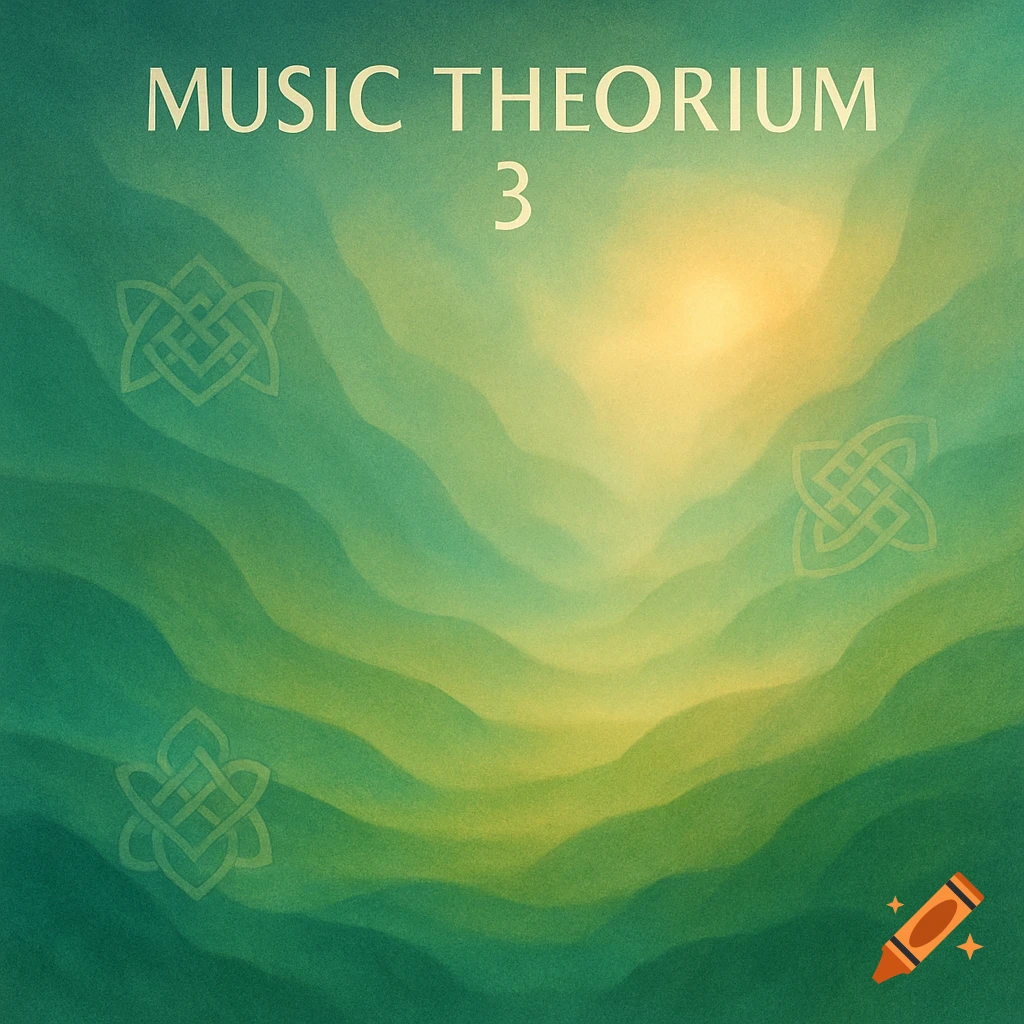 Abstract album cover with wavy green and yellow gradients, a sun-like glow, and white text 'MUSIC THEORIUM 3'. Three faint Celtic knot designs are visible.