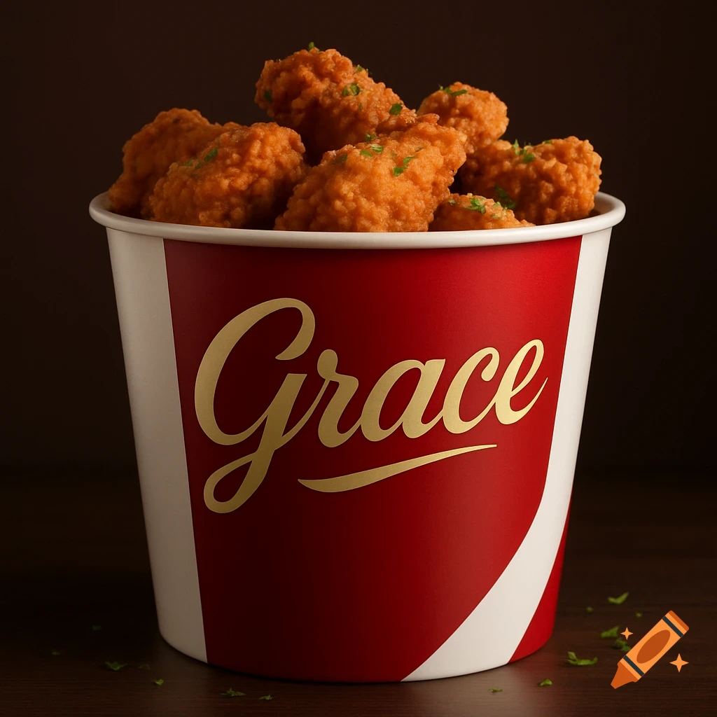 A red and white bucket with "Grace" written on it in gold script, filled with golden-brown fried chicken pieces.