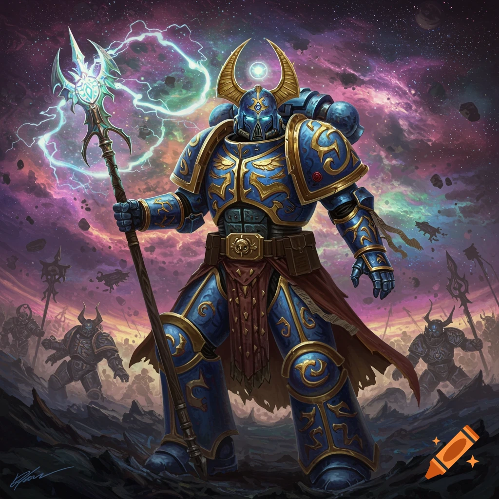 A heavily armored Warhammer 40K Thousand Sons sorcerer in blue and gold armor holds a glowing staff against a cosmic nebula.
