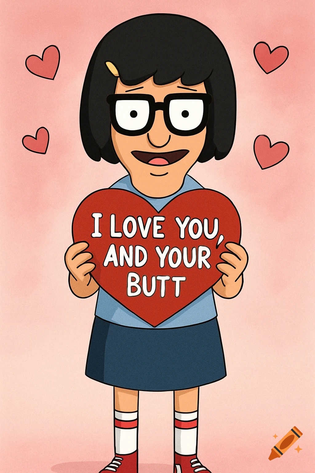 Tina Belcher from Bob's Burgers holds a heart-shaped sign that reads "I LOVE YOU AND YOUR BUTT" with pink hearts floating in the background.