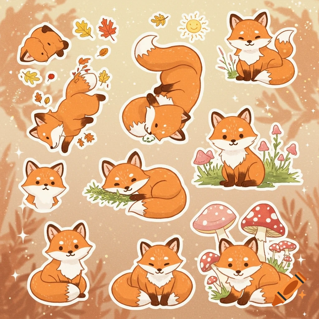 A sticker sheet featuring multiple cute, stylized cartoon foxes in various poses, with autumn leaves, mushrooms, and a sun.