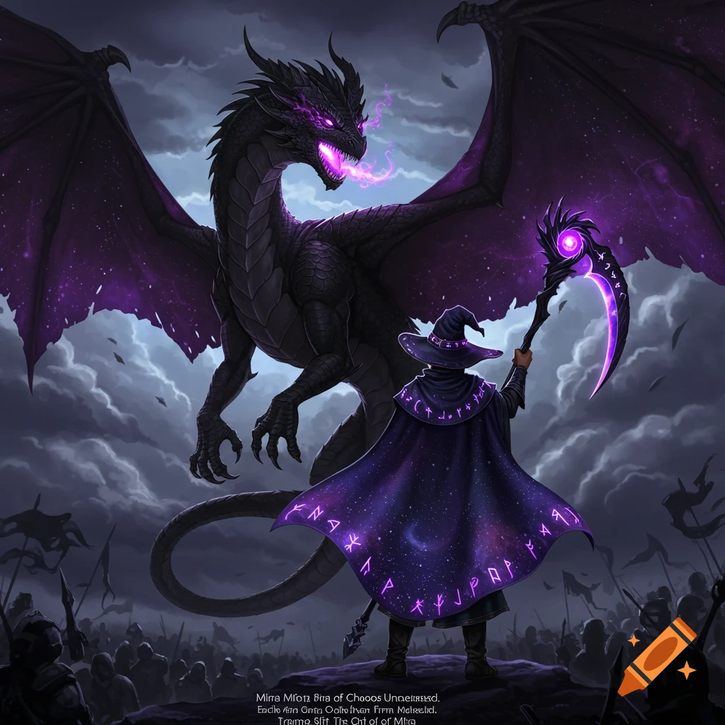 A wizard in a purple starry cape and hat faces a large black dragon with glowing purple eyes and wings amidst an army in a stormy fantasy landscape.
