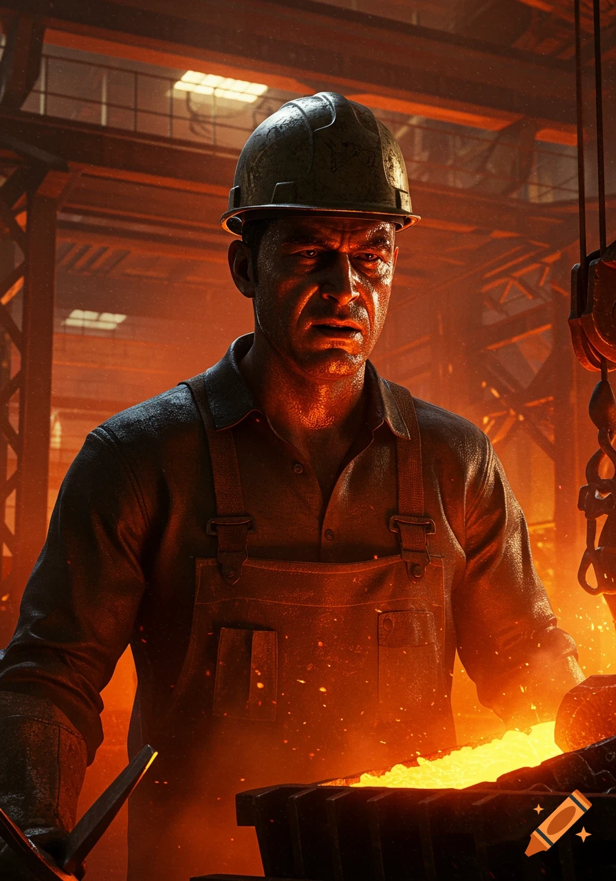 Photorealistic portrait of a sweating worker in a hard hat and overalls, illuminated by the orange glow of a forge.