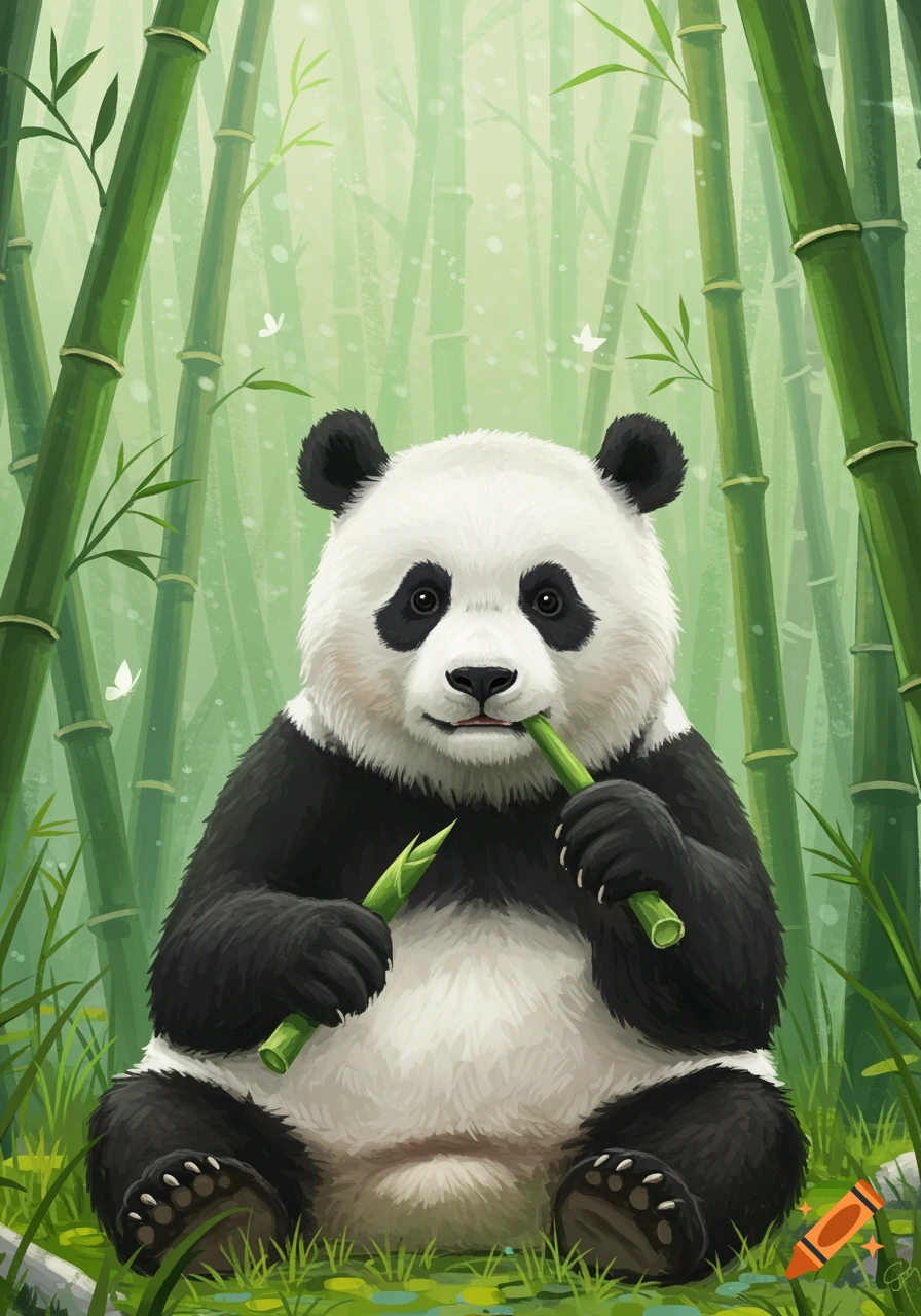 A cute panda sits in a lush bamboo forest, eating bamboo shoots. Digital illustration.