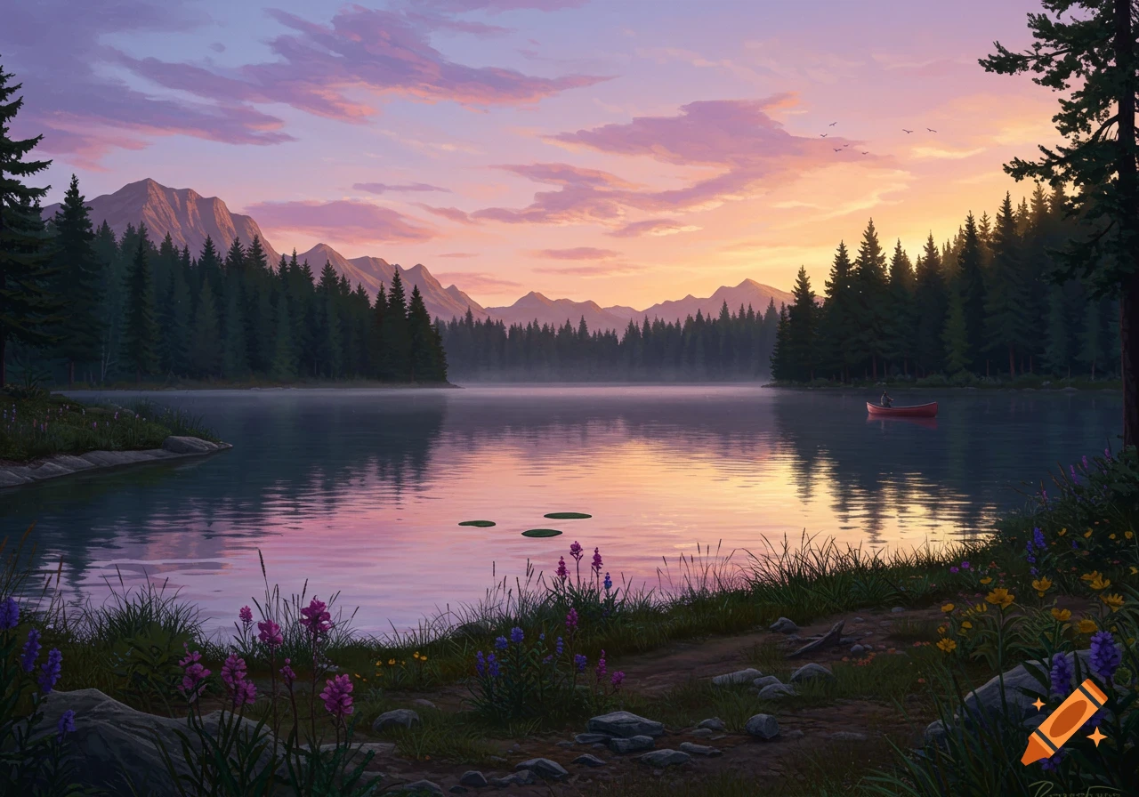 A serene lake at sunrise or sunset, surrounded by a dense forest and distant mountains under a colorful sky, with a lone canoe on the water. Digital art.