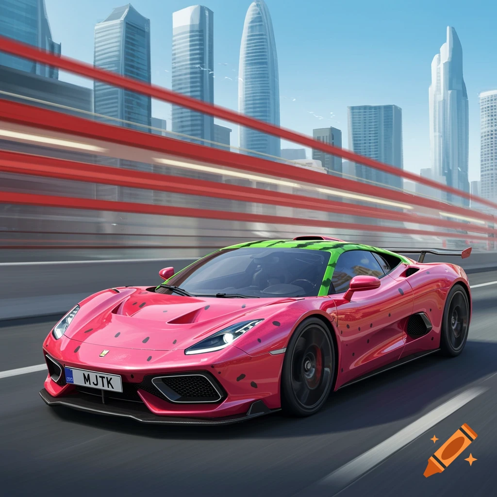 A pink and green watermelon-themed supercar with 'MJTK' on the license plate speeds down a multi-lane highway, with city skyscrapers in the background.
