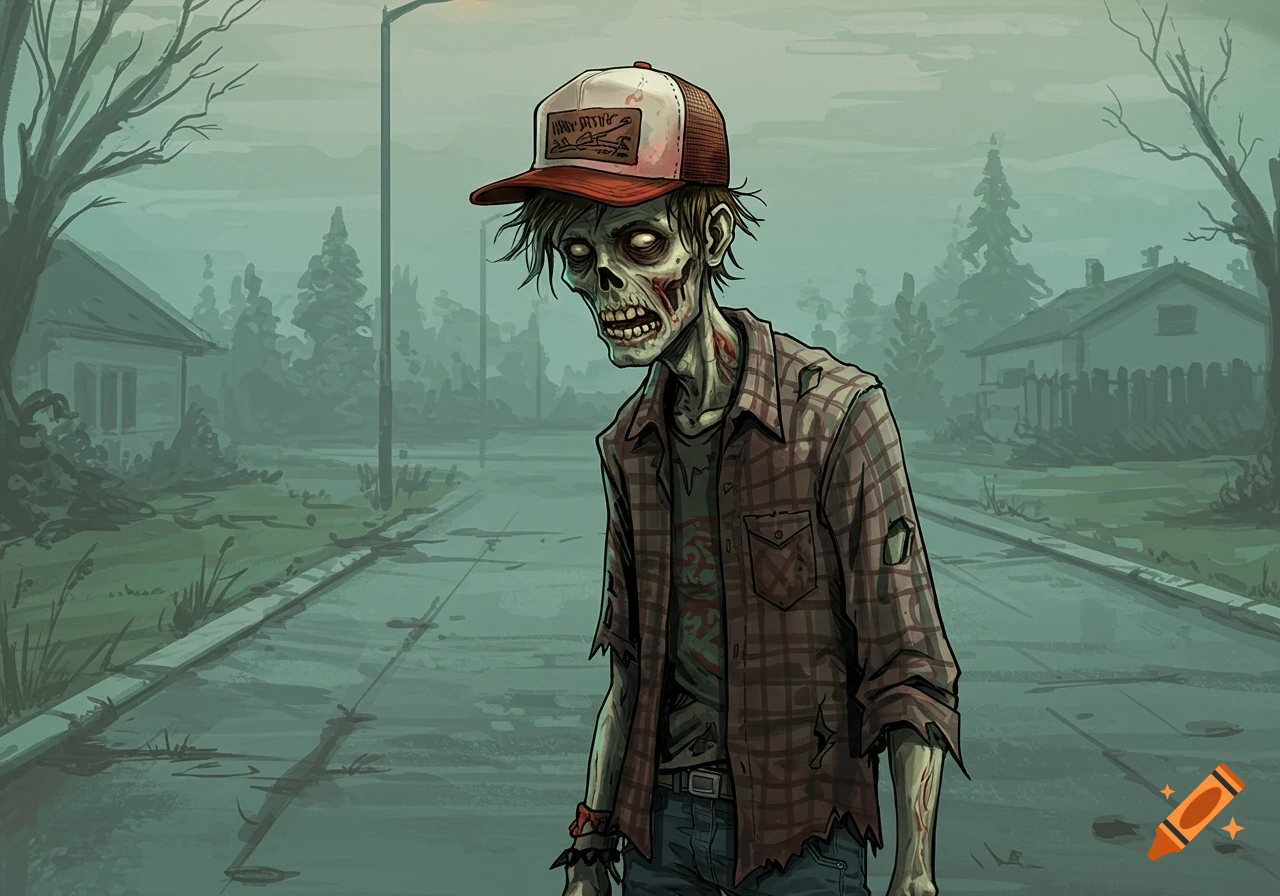 A stylized illustration of a gaunt zombie boy in a plaid shirt and backward trucker hat standing on a street.