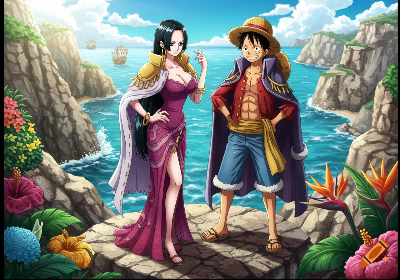 Boa Hancock in a pink dress and Monkey D Luffy in a straw hat and red shirt stand on a rocky coast overlooking a blue ocean with ships in the distance, in an anime style.