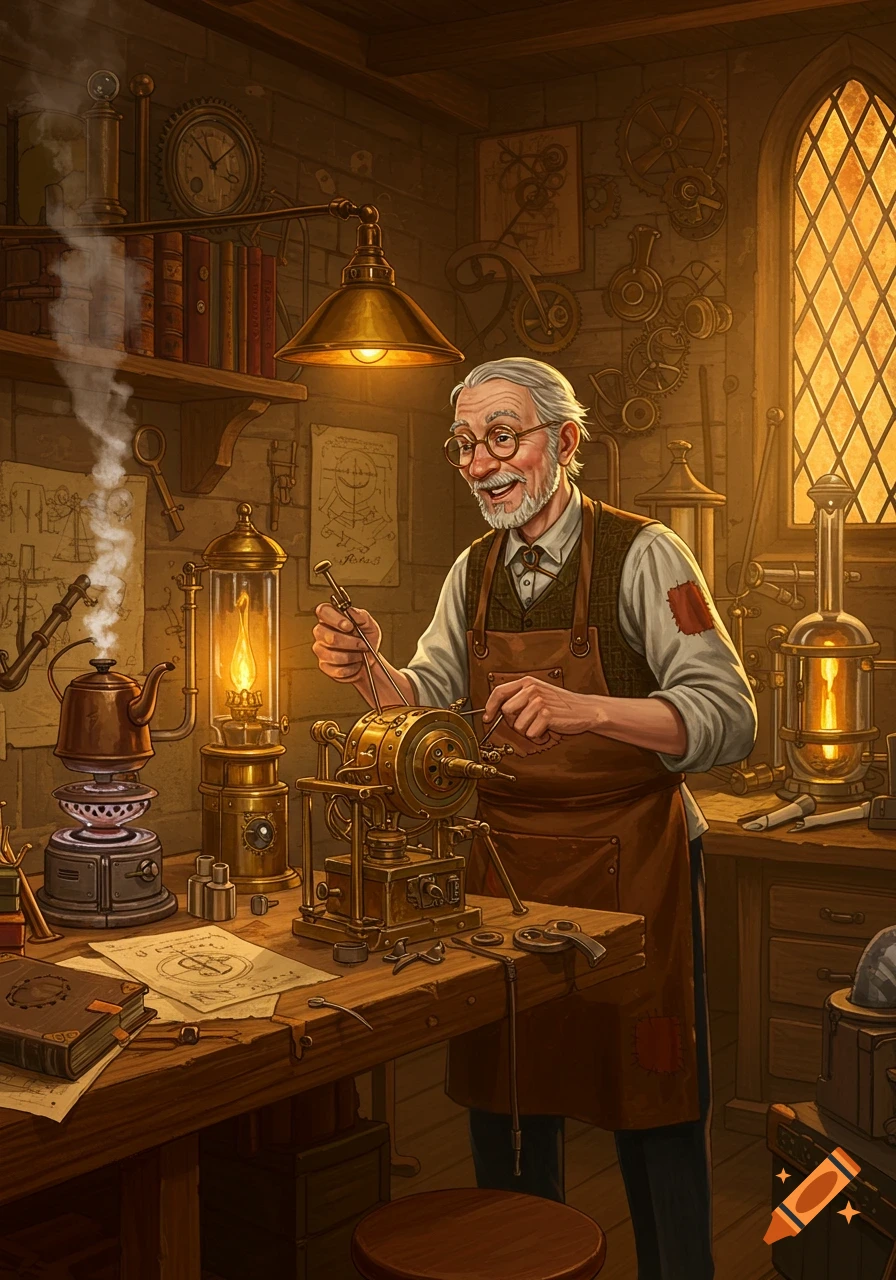 A smiling old inventor with glasses and a beard works on a brass machine in a cluttered steampunk workshop filled with gears, lamps, and tools.