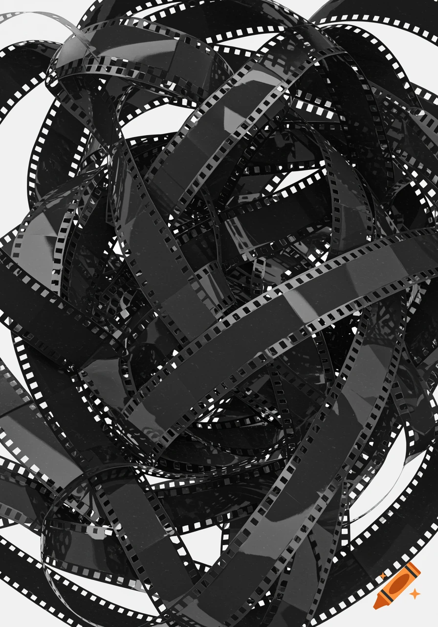 Tangled black and white film tape forms an abstract pattern, filling the entire frame.