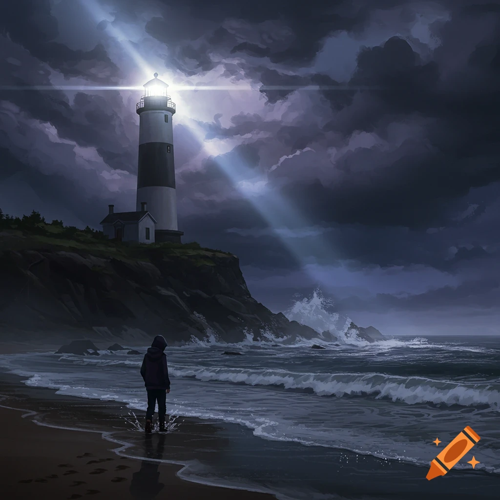 A hooded figure on a dark beach faces a bright lighthouse on a cliff under stormy clouds, digital painting.