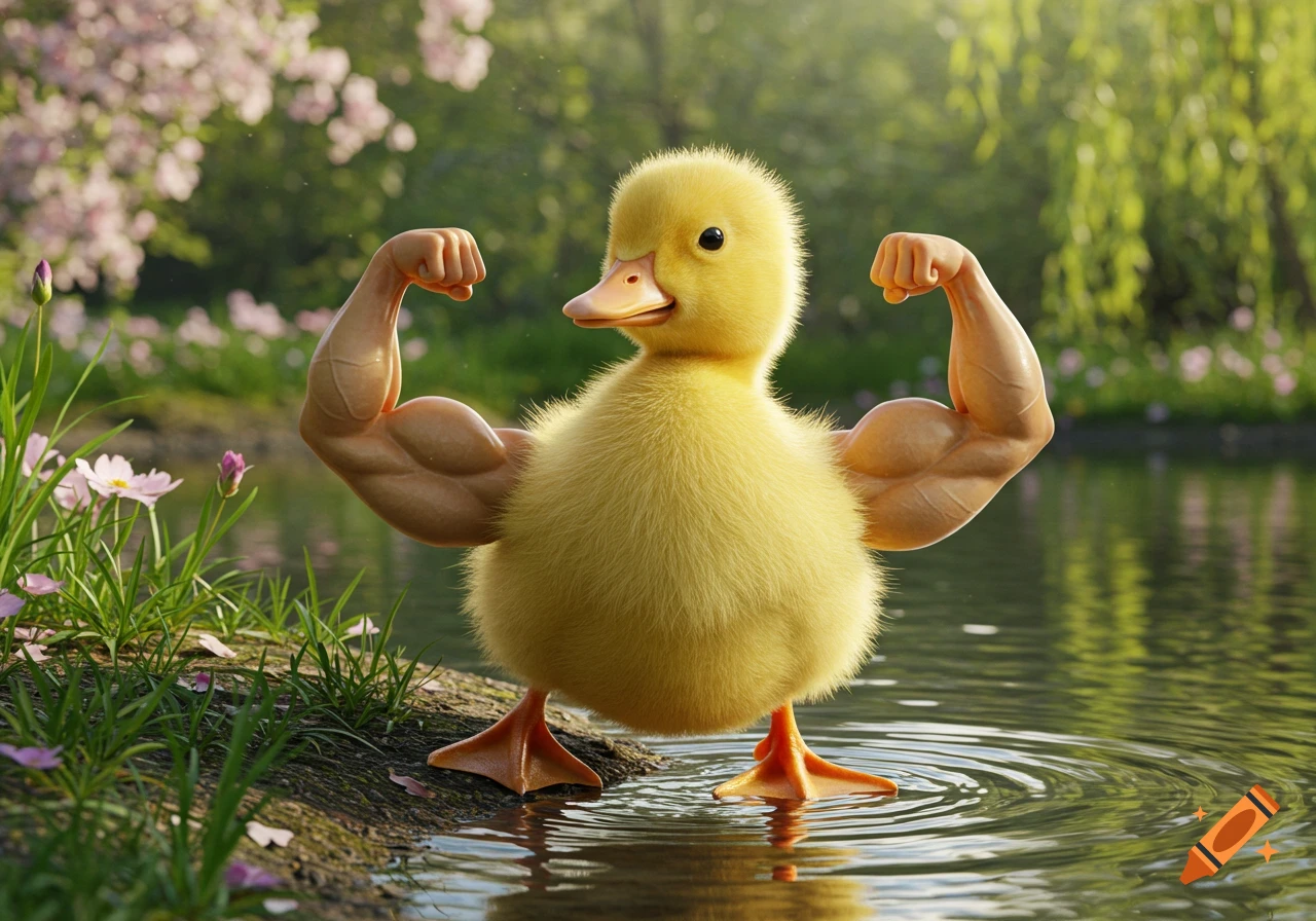 A fluffy yellow duckling stands by a pond, flexing its surprisingly muscular, tan human arms.