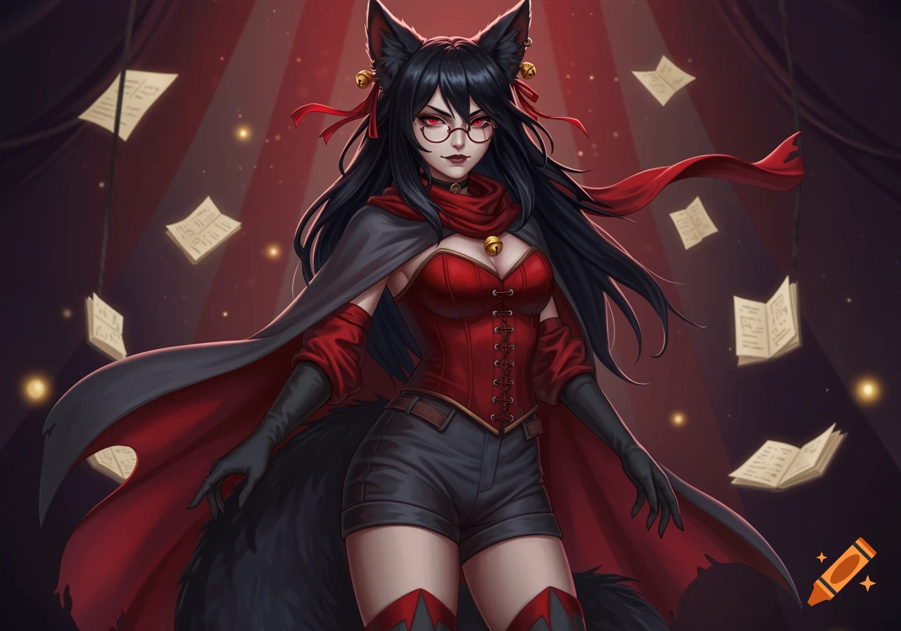 An anime-style character with black hair, fox ears, and a tail, wearing a red corset and dark cape, against a red circus-like background with floating papers.