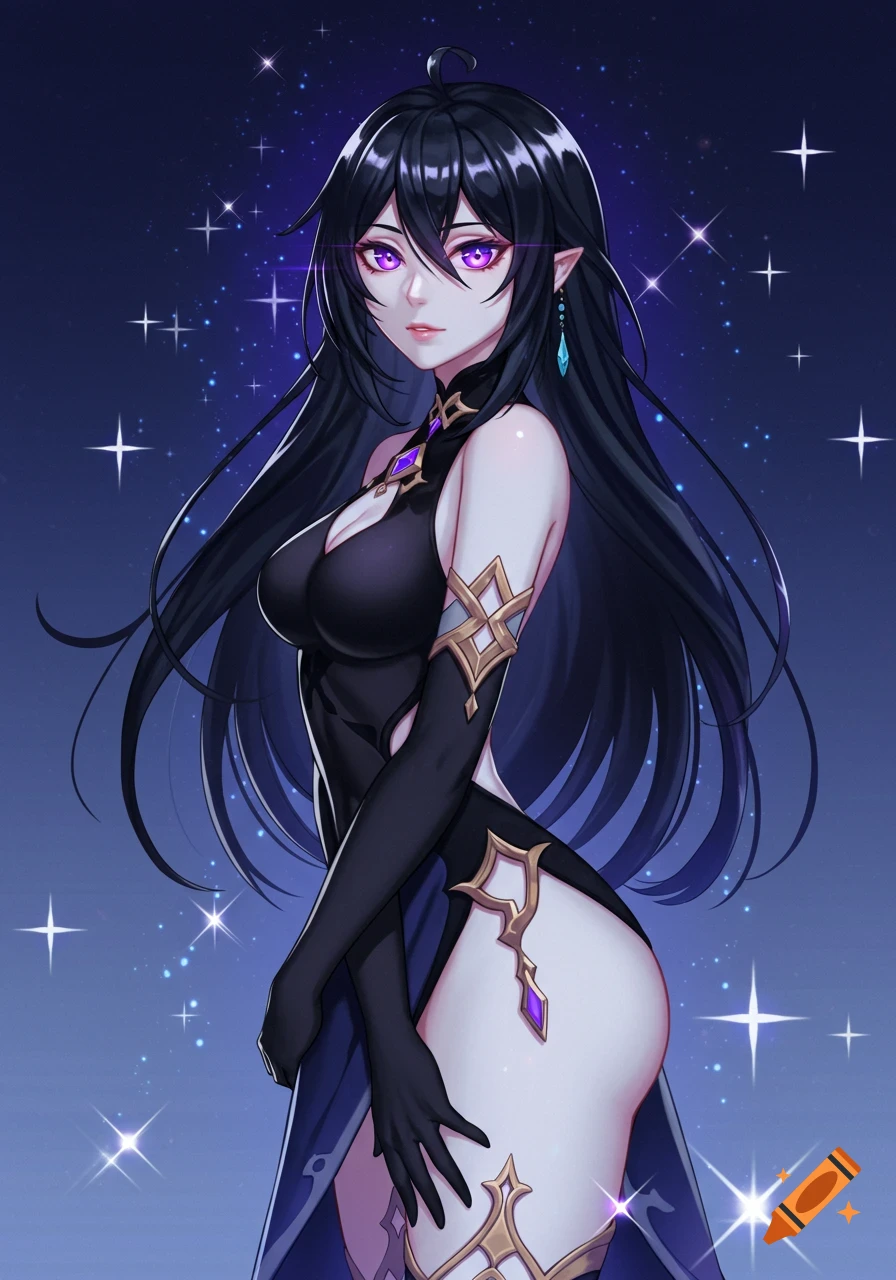 An anime woman with long black hair, purple eyes, and elf ears wears a black dress against a starry blue background.