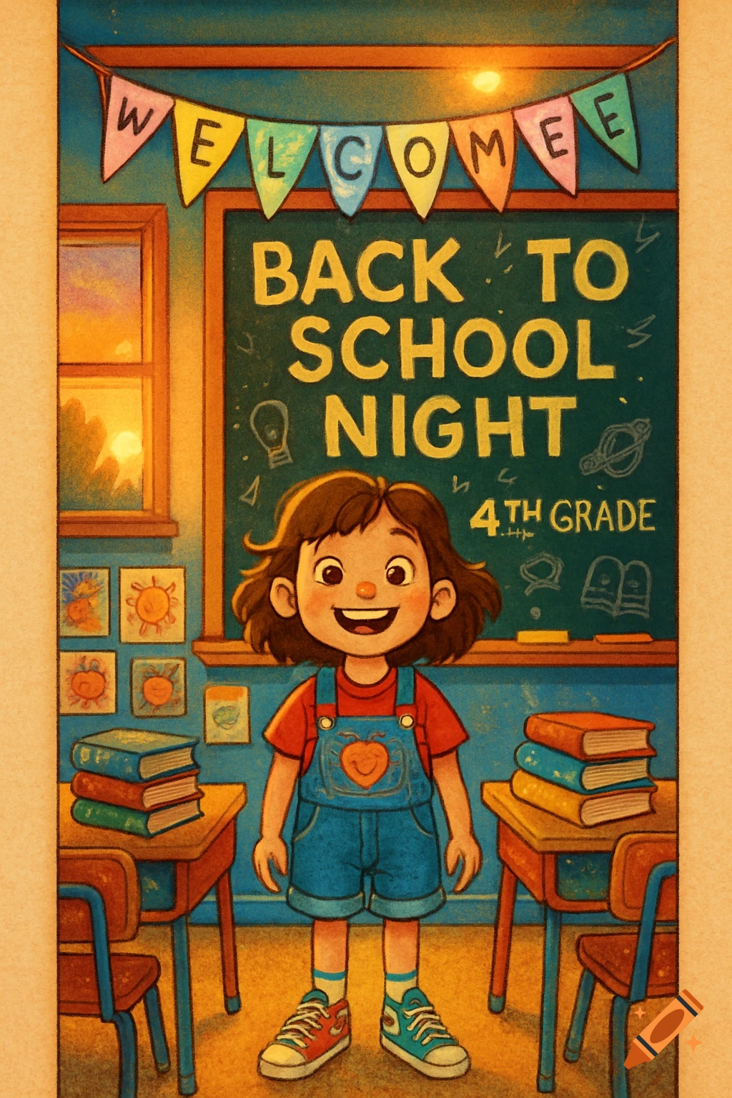 A cartoon illustration of a smiling girl in a classroom with a chalkboard reading 'Back to School Night 4th Grade' and a 'Welcome' banner.