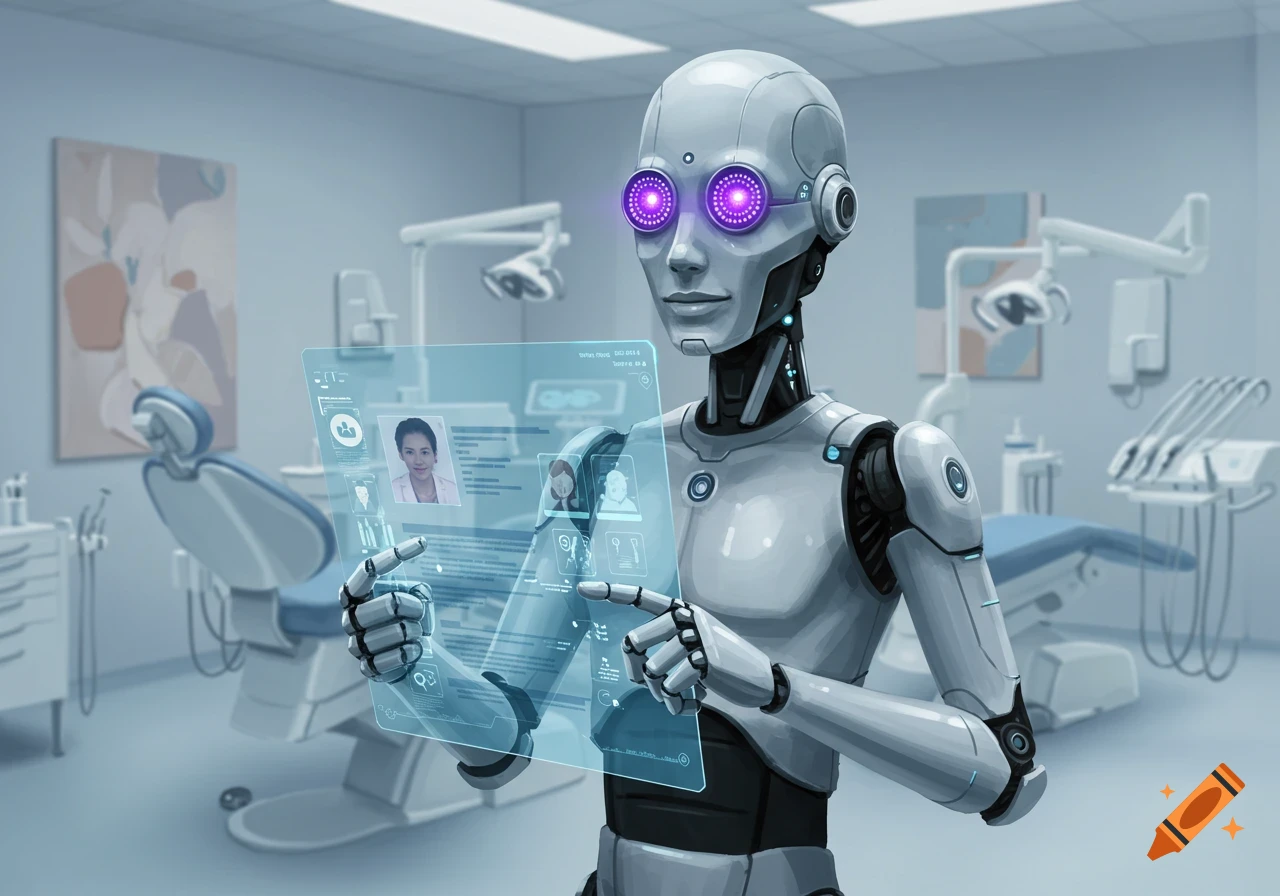 A grey robot with glowing purple eyes holds a transparent holographic screen in a dental office.