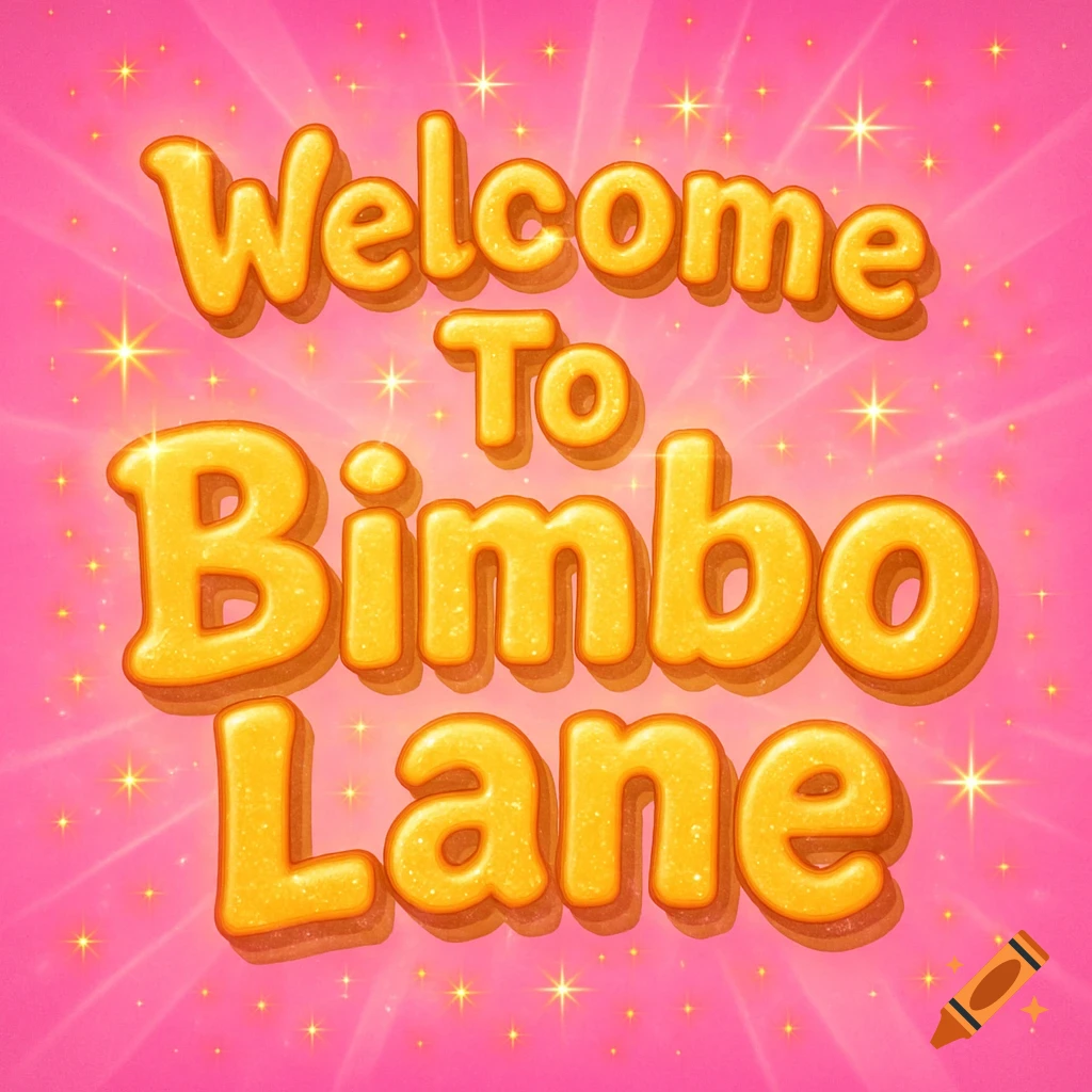 Golden glittery 3D text 'Welcome To Bimbo Lane' on a sparkly pink background.