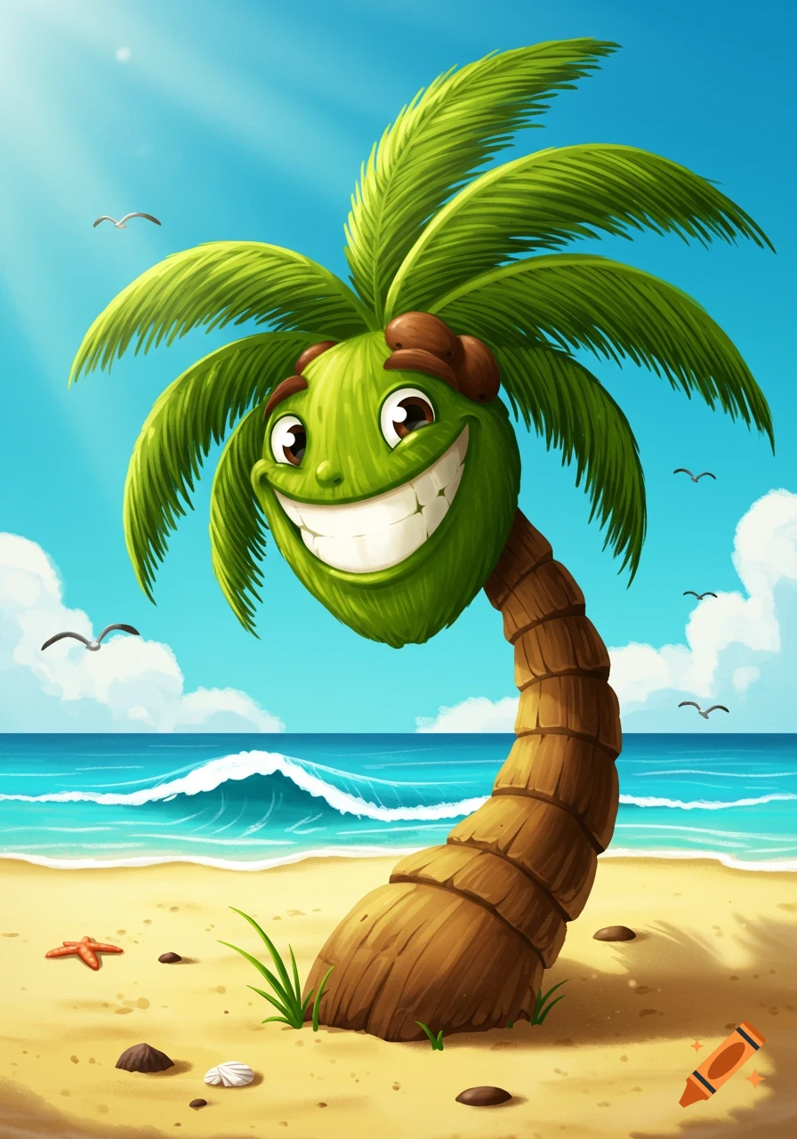 A cheerful cartoon palm tree with a big smile stands on a sunny tropical beach with ocean waves and seagulls.