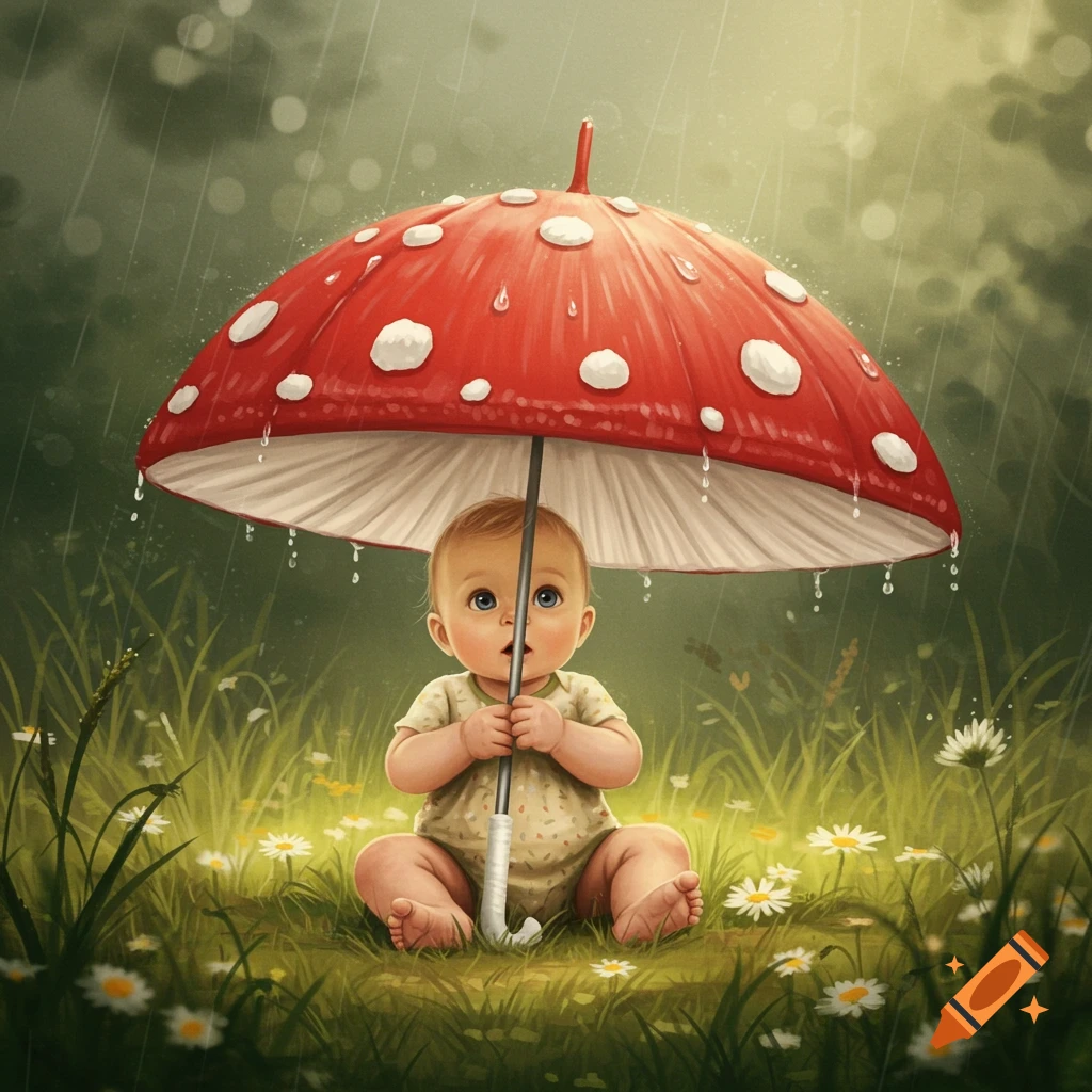 An illustration of a baby sitting in grassy field under a red mushroom-shaped umbrella during the rain.