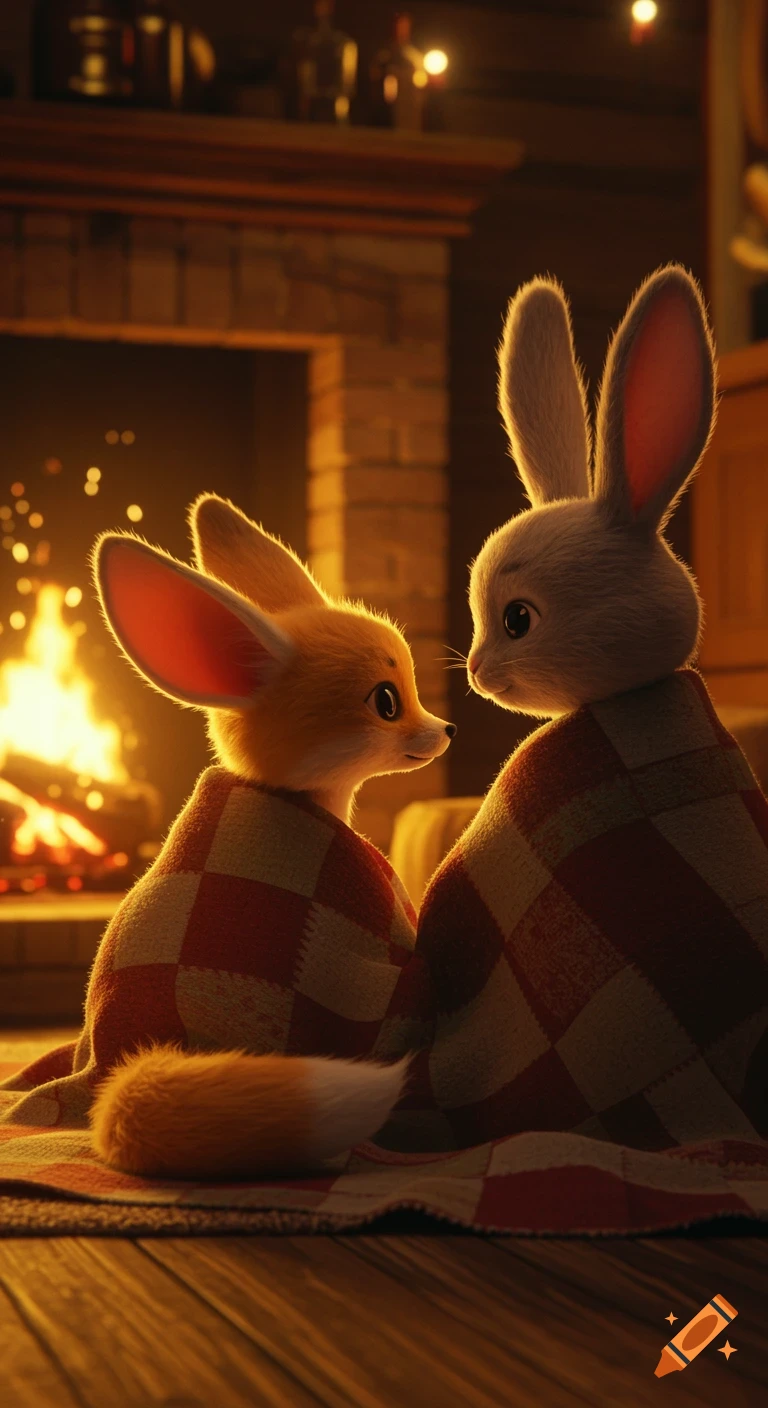 A cute fennec fox and a rabbit, wrapped in a checkered blanket, cuddle by a crackling fireplace in a cozy apartment.