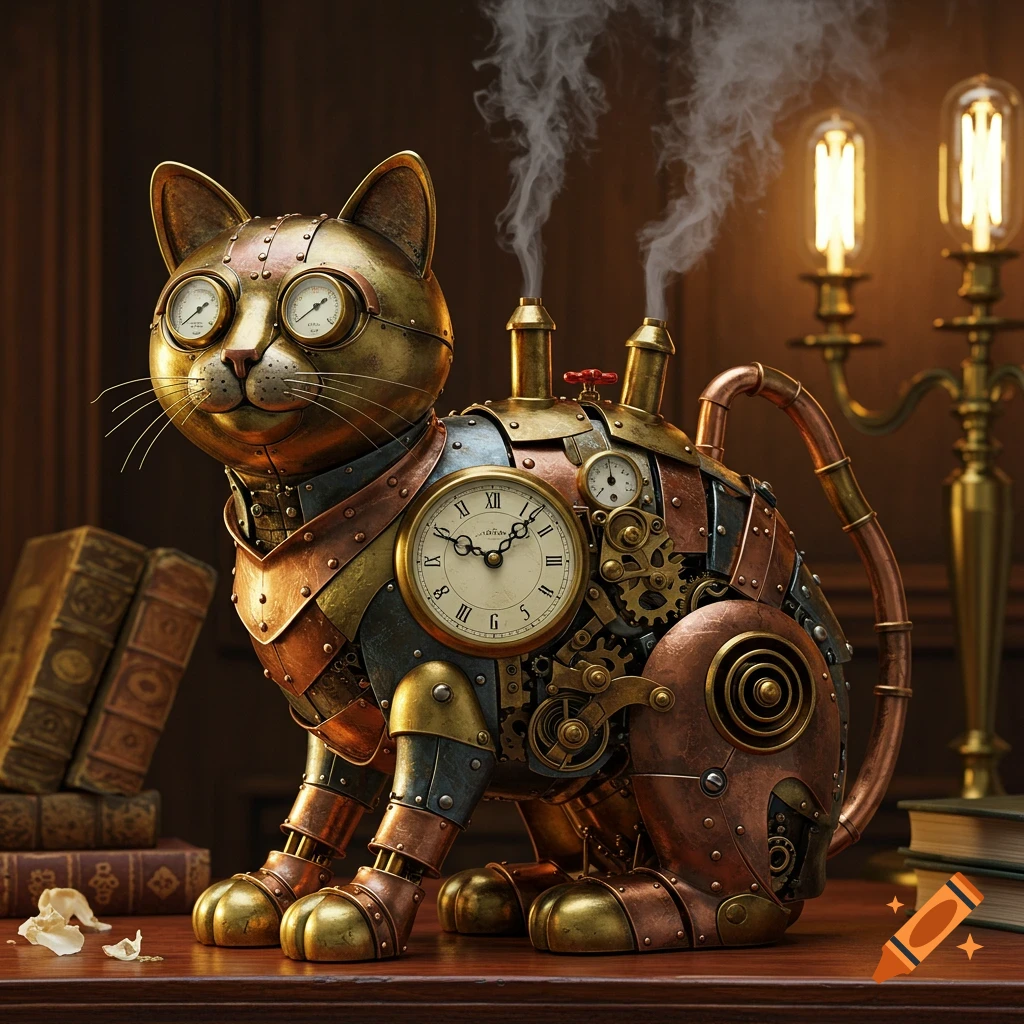 A detailed steampunk cat sculpture made of brass and copper, featuring gears and an integrated clock, sitting on a wooden desk.