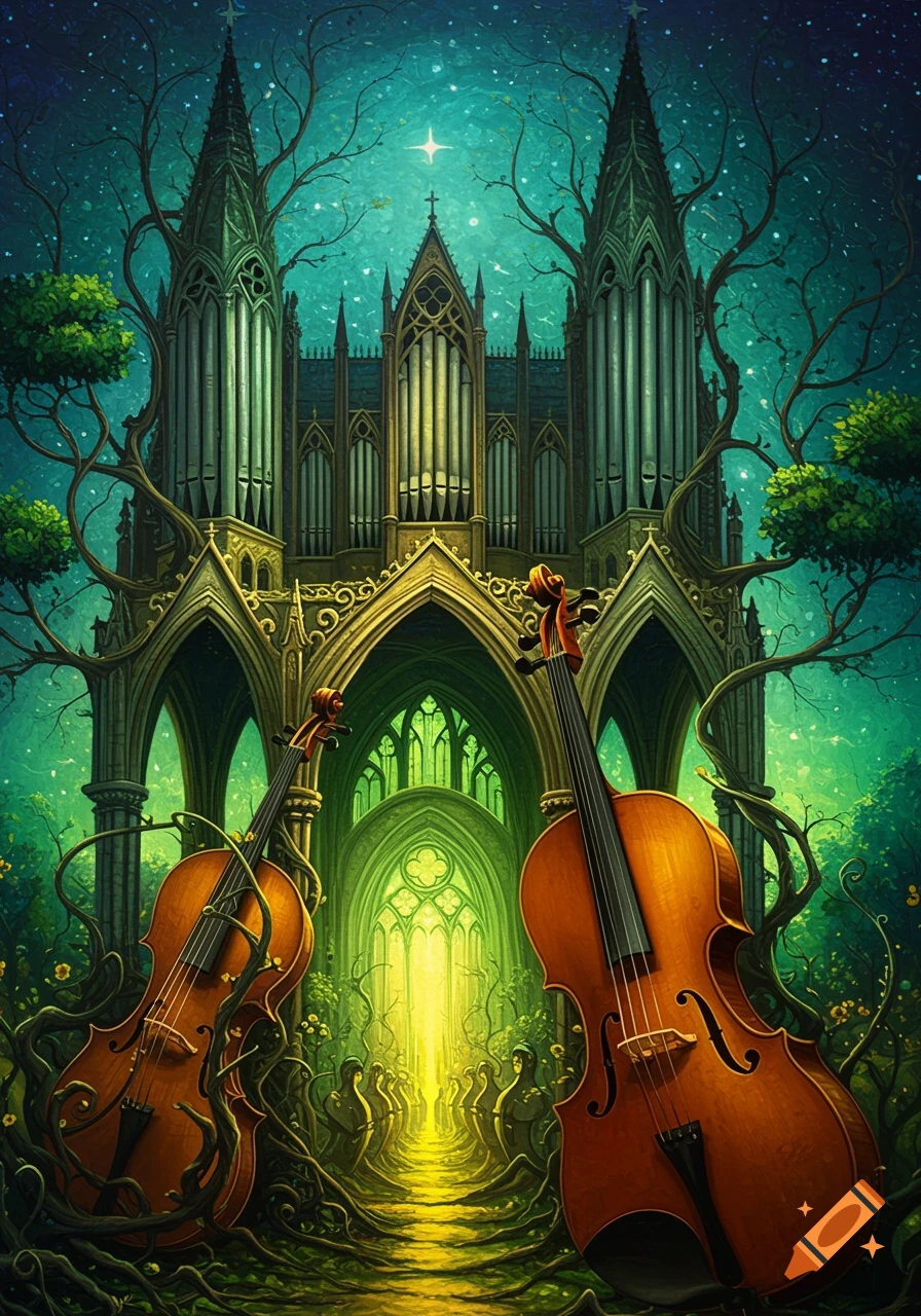An expressive, stylized painting of an ornate gothic cathedral-like structure entwined with trees, featuring two large violins in the foreground, all under a starry, magical sky.