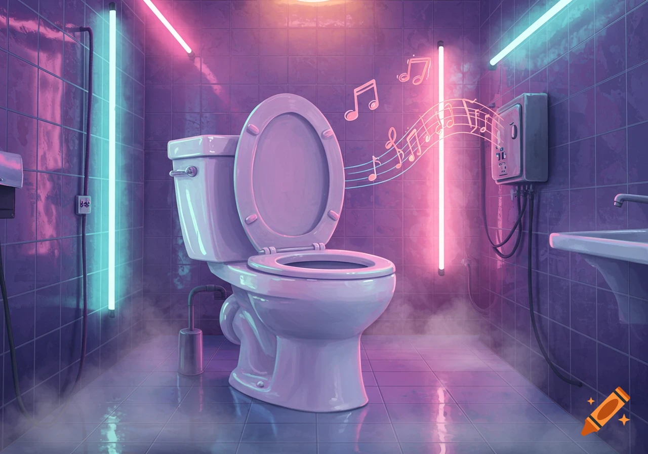 A purple-lit bathroom with a white toilet, surrounded by pink and blue neon lights. Musical notes float above the toilet.