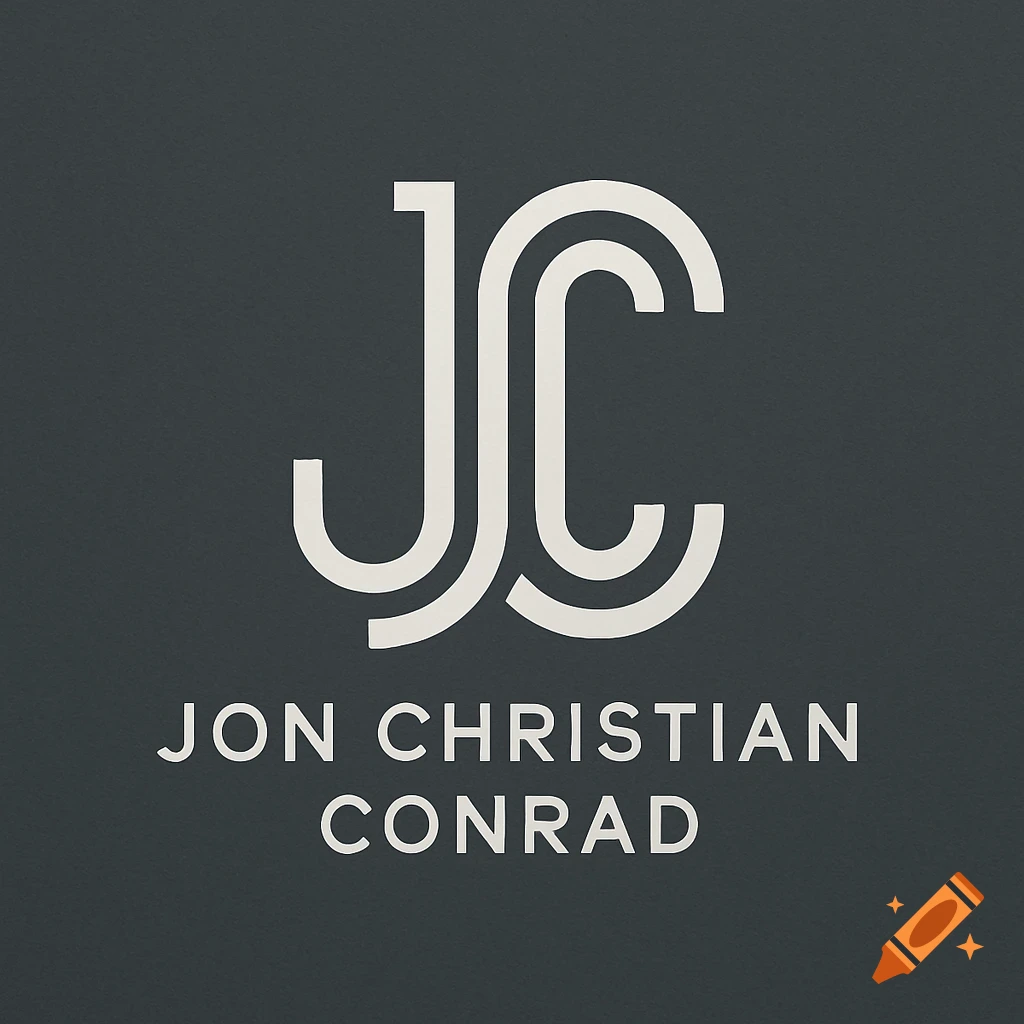A modern, minimalist white logo with stylized "JC" initials above "JON CHRISTIAN CONRAD" on a dark grey background.