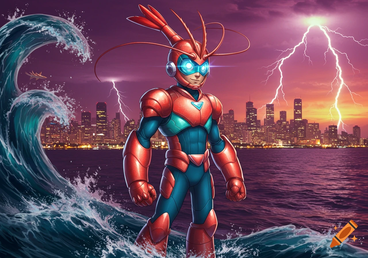 A superhero in red and teal shrimp-like armor stands in choppy water with a city skyline and lightning in the background at sunset.