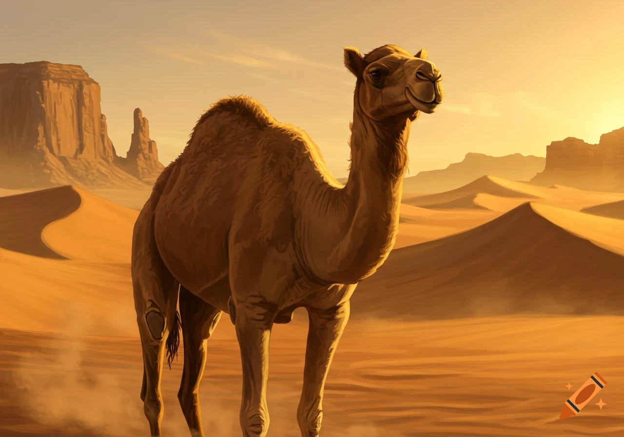 A brown camel stands in a sunlit desert with sand dunes and rock formations, painted art style.