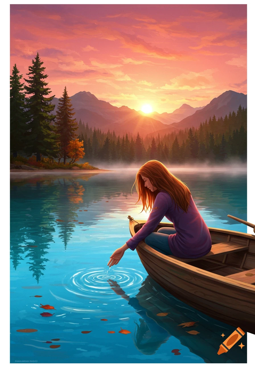 A woman in a boat touches the calm water of a lake at sunset, surrounded by mountains and pine trees.