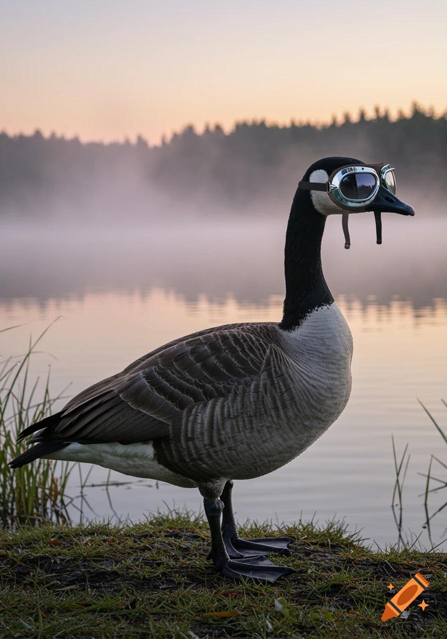 A Canadian goose wearing aviator goggles stands by a misty lake at sunrise.
