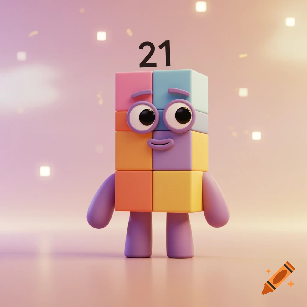 A colorful, toy-like block character with eyes and mouth, with the number 21 above its head, in a soft, glowing setting.