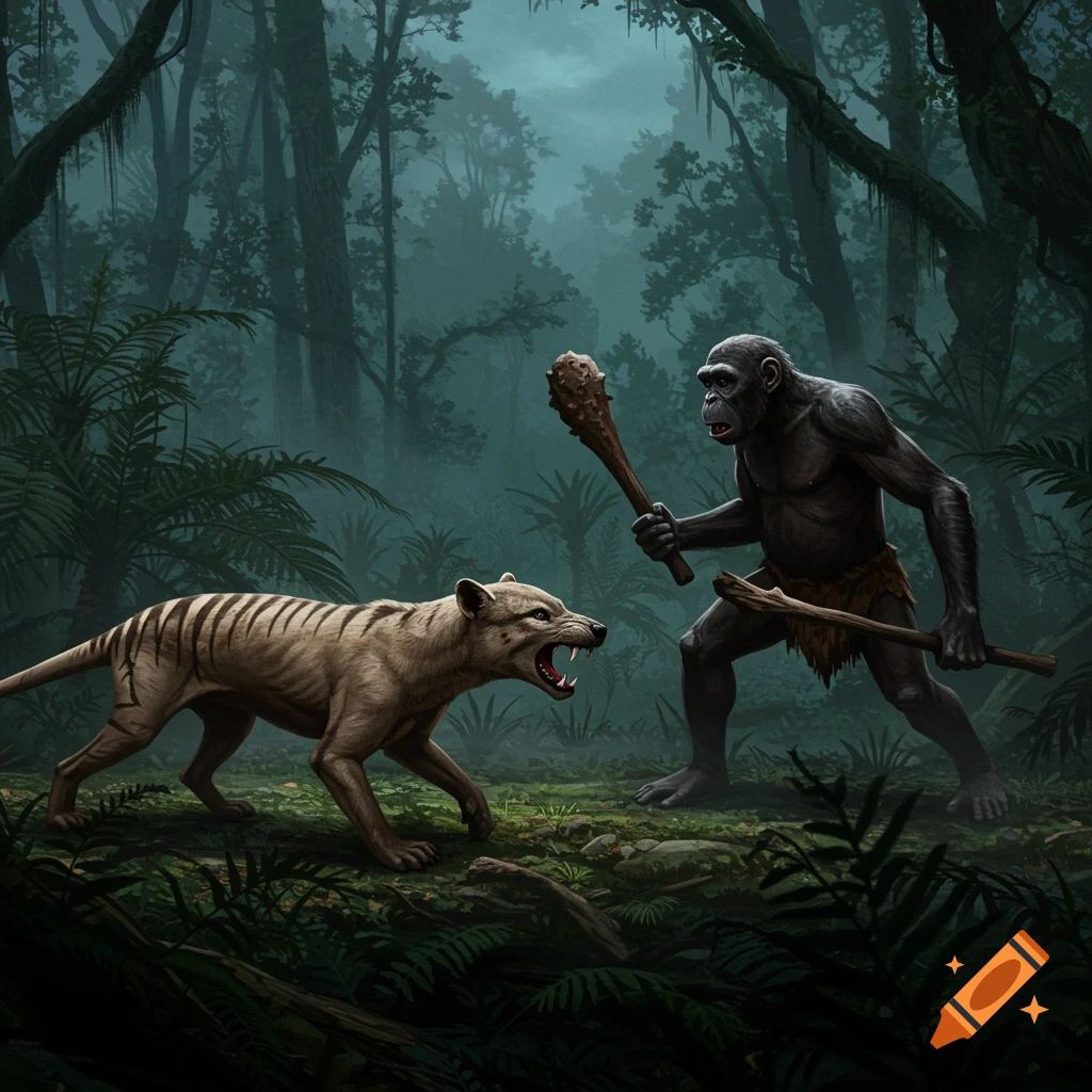 A thylacine confronts an Australopithecus with a club in a dark, lush jungle. Digital art.