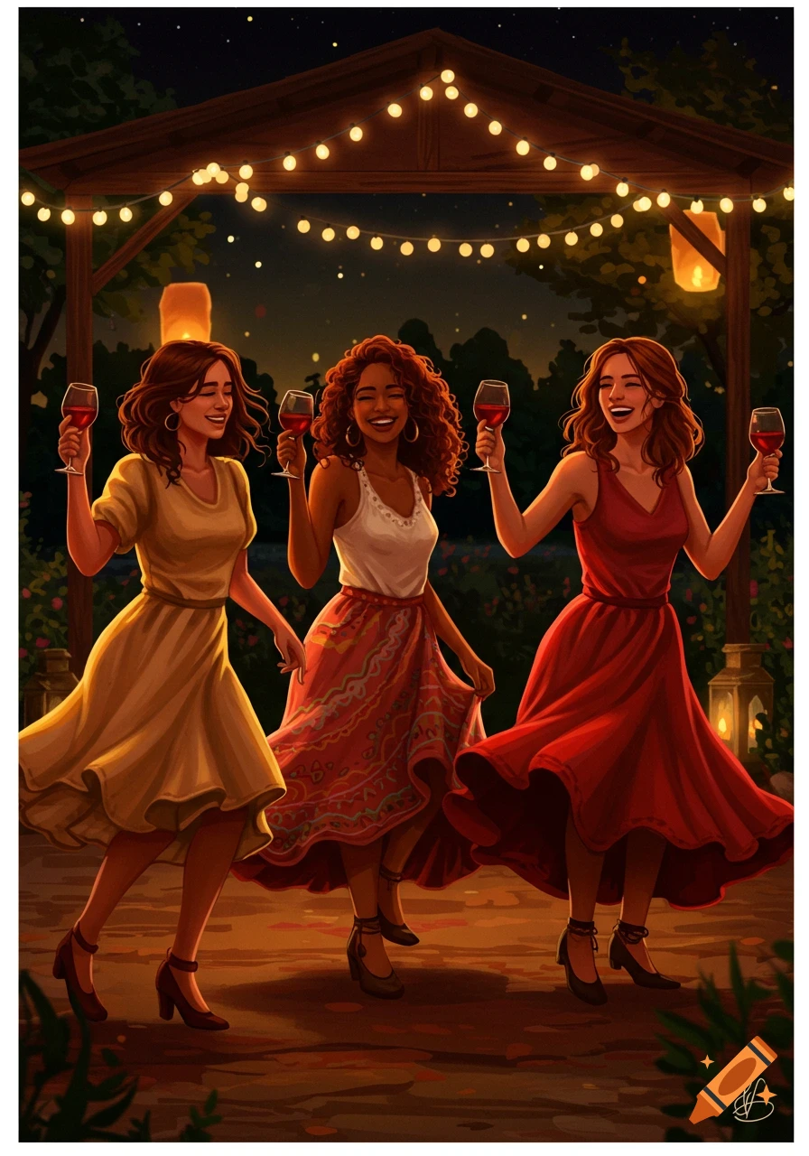Three women in dresses dance outdoors at night under string lights, holding wine glasses, in an illustrated style.