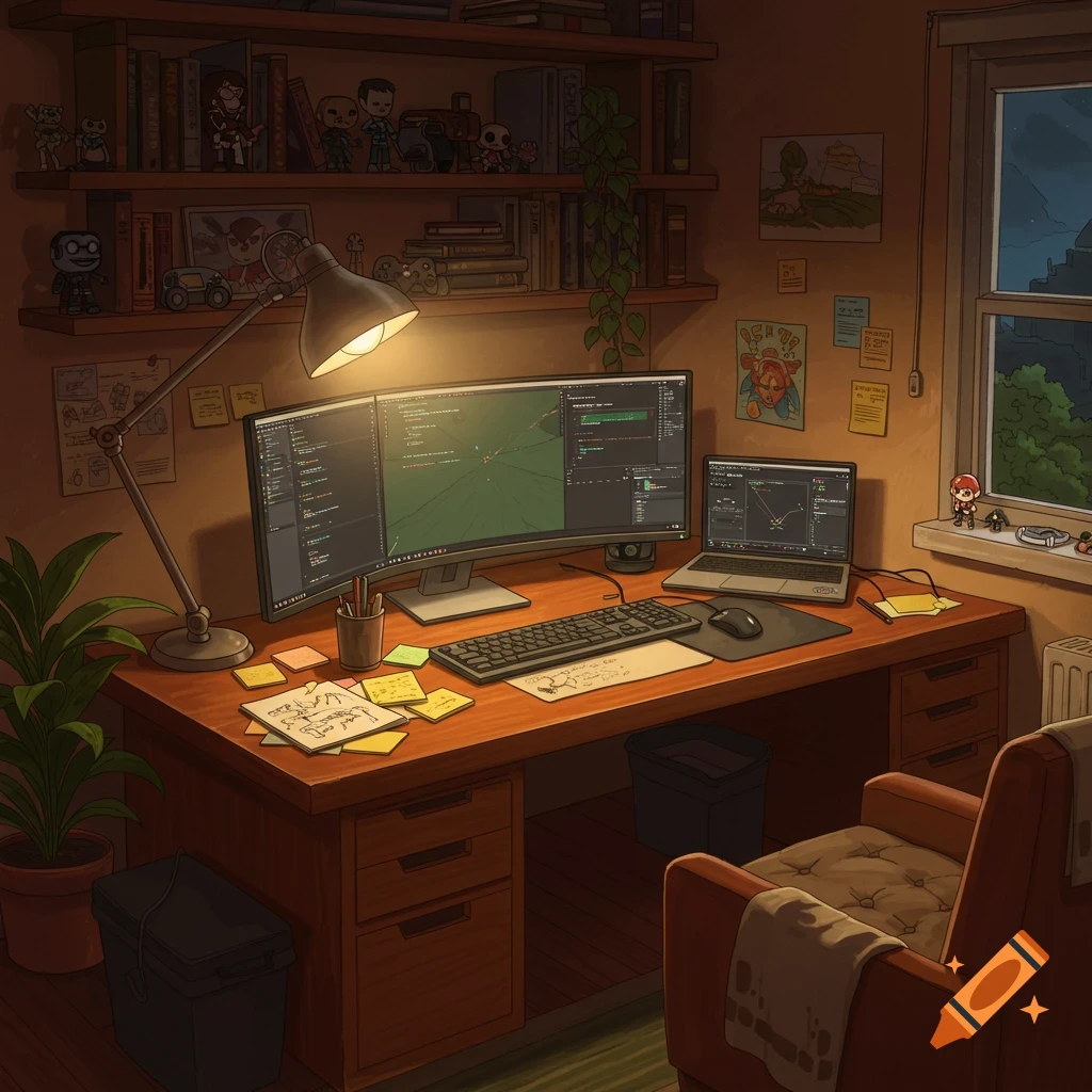 An illustration of a cozy game development workspace with multiple computer monitors, a desk lamp, bookshelves, and a comfortable chair.