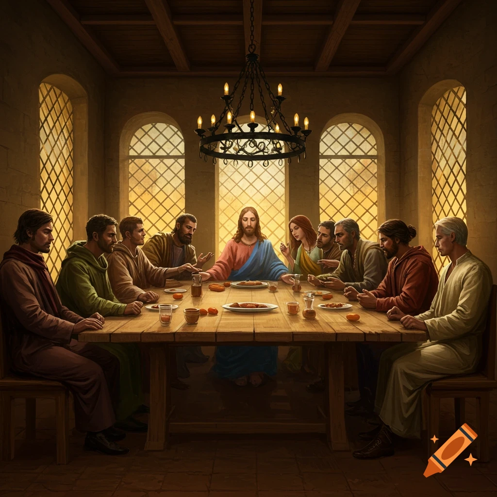 Jesus and his disciples gathered around a long wooden table for The Last Supper in a room with arched windows.