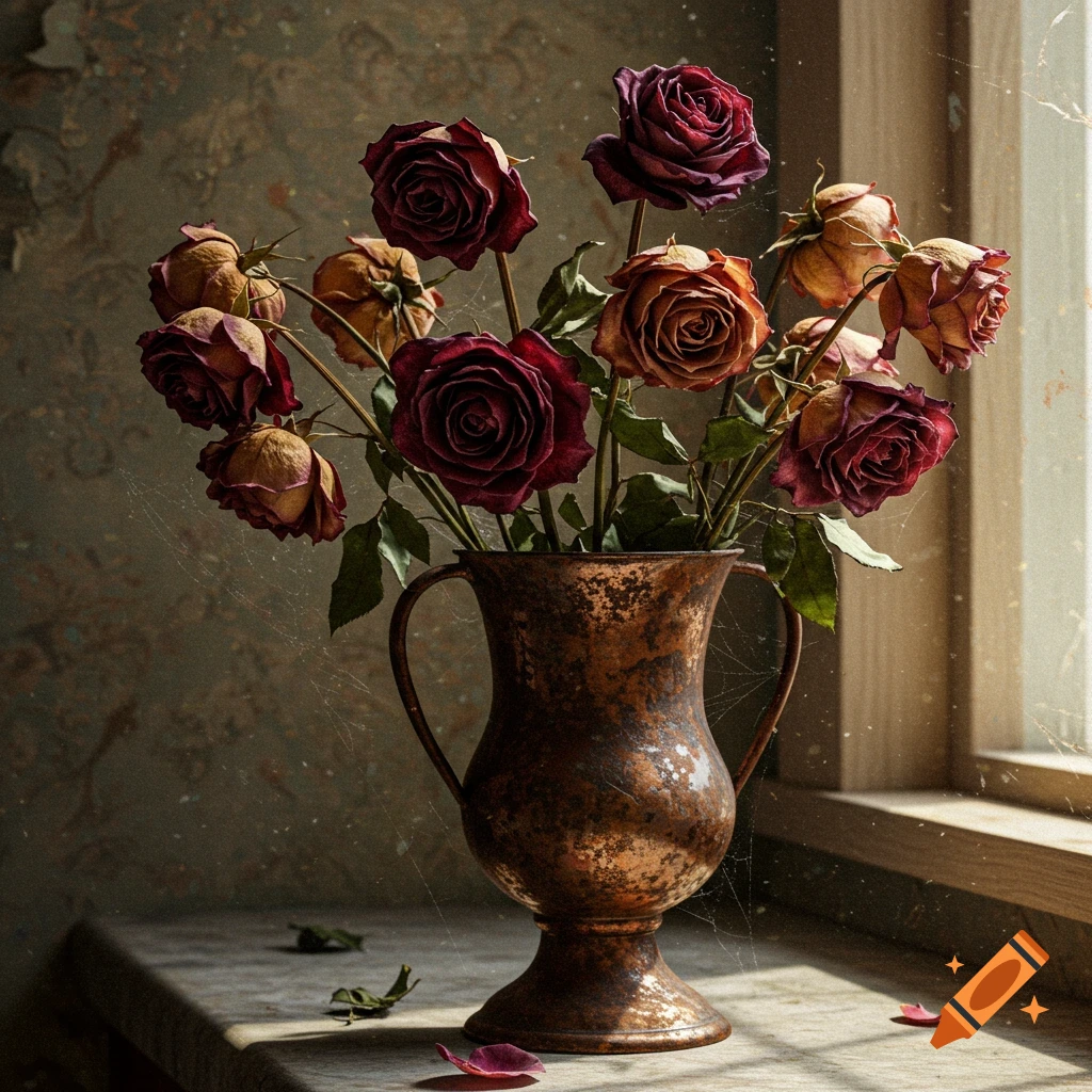 Photorealistic still life of wilting deep red and brown roses in a rustic copper vase, on a sunlit table by a window.