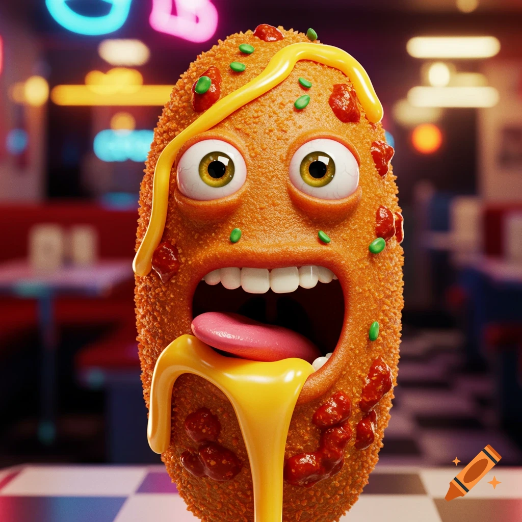 A cartoonish chili cheese corn dog with large realistic eyes and an open mouth with its tongue sticking out, in a diner setting.