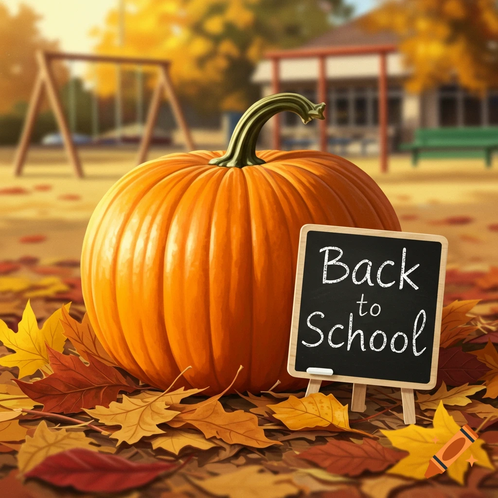 A large orange pumpkin sits on a bed of autumn leaves in a schoolyard, next to a small chalkboard sign that reads 'Back to School'.