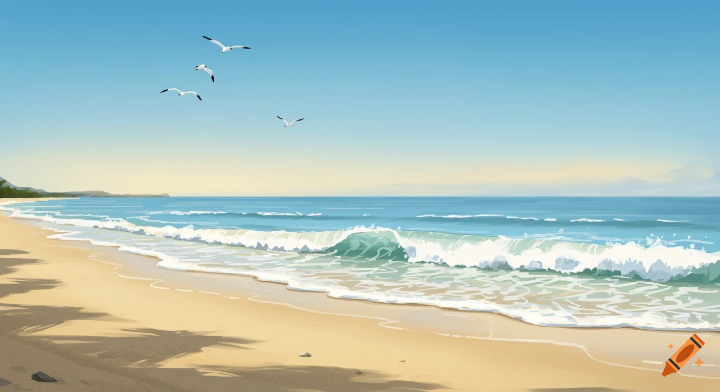 A serene sandy beach with gentle waves on the ocean under a clear blue sky, with three seagulls flying overhead.