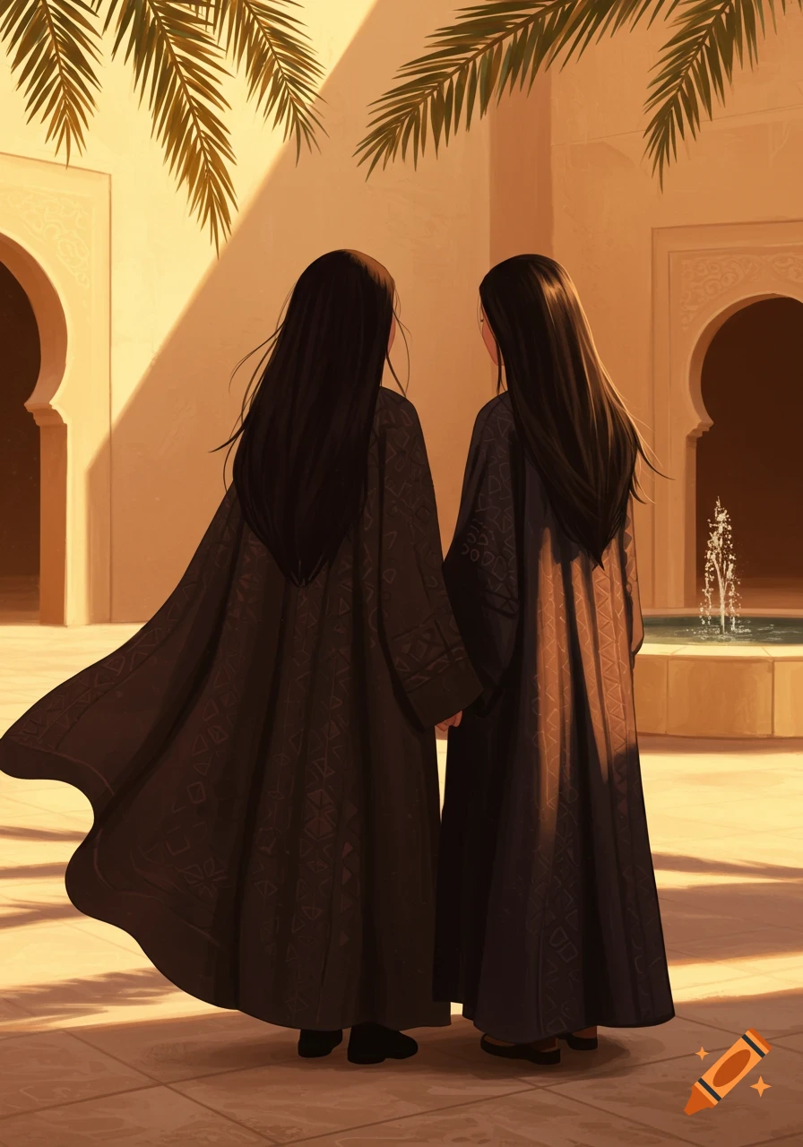 Two girls in black abayas with long hair stand in a sunny courtyard with arches and a fountain, illustrated from behind.