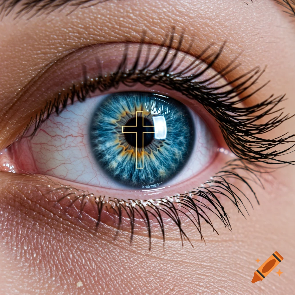 Close-up of a realistic blue human eye with a golden cross reflecting in the pupil.