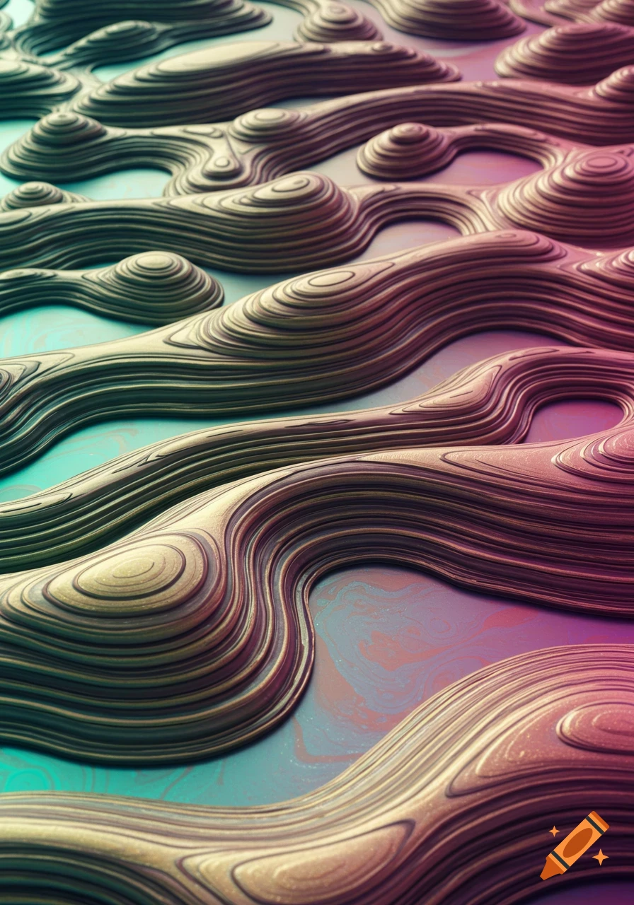 Abstract background of golden raised wavy lines with teal and purple color gradients.