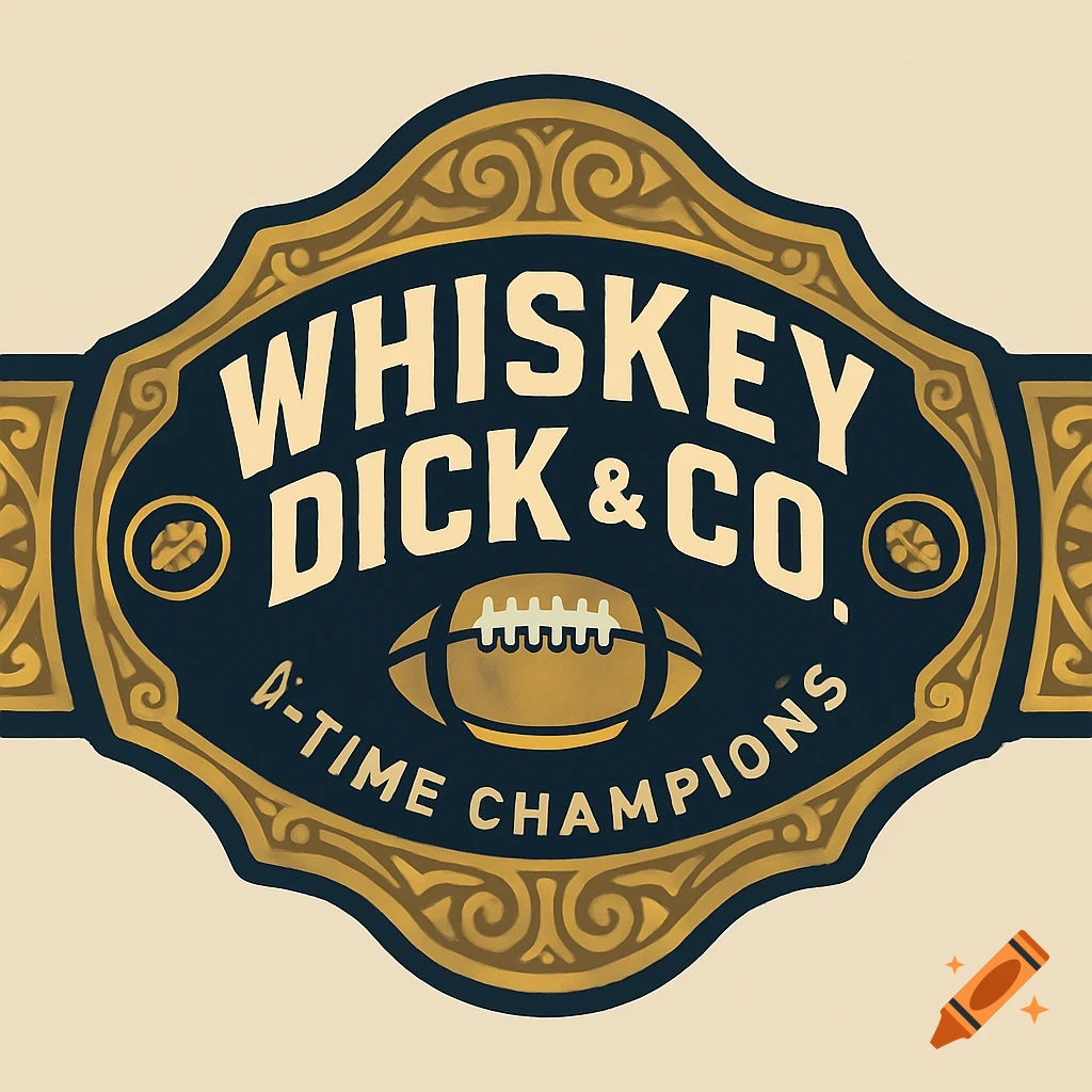 A vintage-style football championship belt logo with 'Whiskey Dick & Co' and 'D-Time Champions' on a dark blue and gold background.
