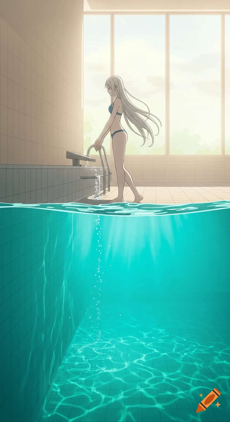 An anime-style woman with long white hair in a blue bikini stands by an indoor pool, holding a ladder. The pool is split at water level.