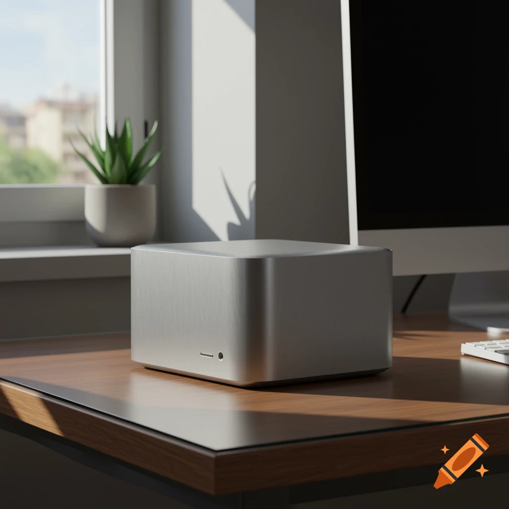 A silver desktop computer resembling a Mac mini on a wooden desk with a monitor and a potted plant, bathed in sunlight from a window.