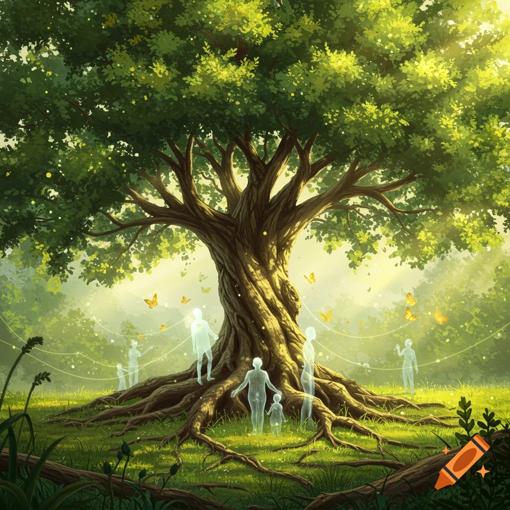 A vibrant, large tree with glowing translucent humanoid figures and butterflies in a sunlit green forest.