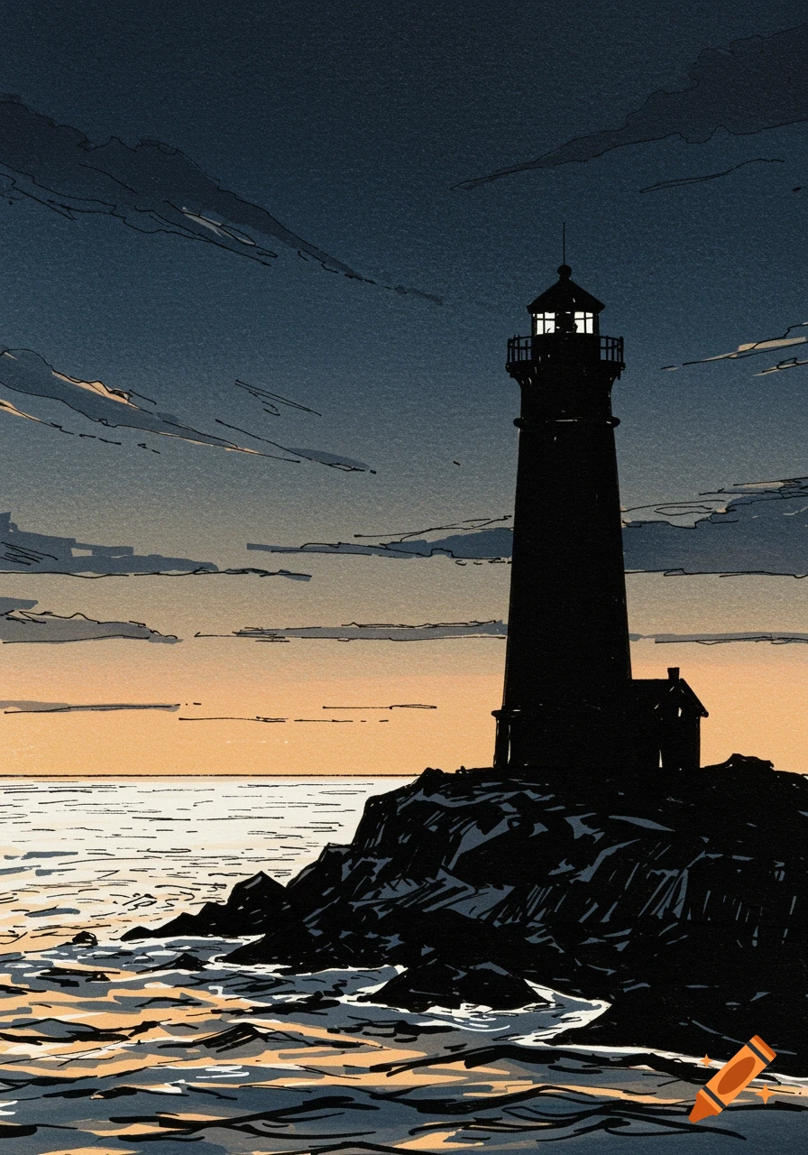 A silhouette illustration of a lighthouse on a rocky coast at sunset with a dark sky and orange horizon.